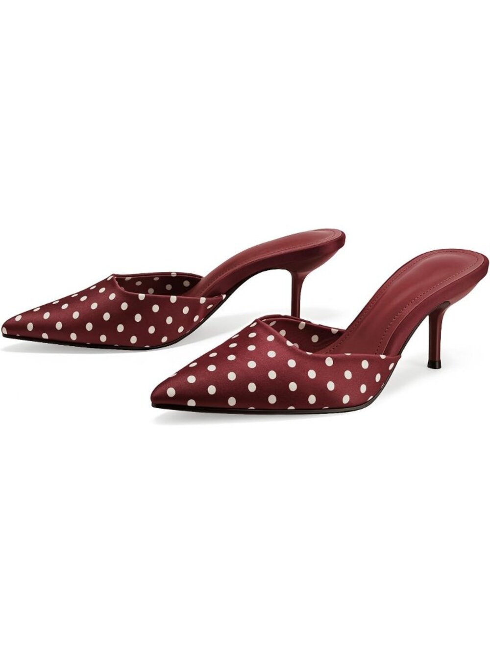 Women's Burgundy Polka Dot Pointed Toe Heels Satin Heeled Mules Backless Pumps